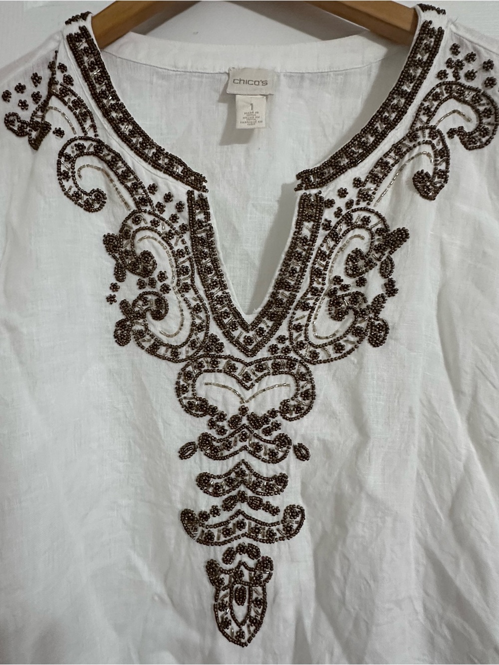 Chico’s White Linen Tunic Top Blouse M Beaded Embellished 3/4 Sleeve Boho - Picture 7 of 12